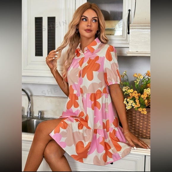 SHEIN Dresses & Skirts - SHEIN VCAY Floral Print Ruffle Hem Smock Dress